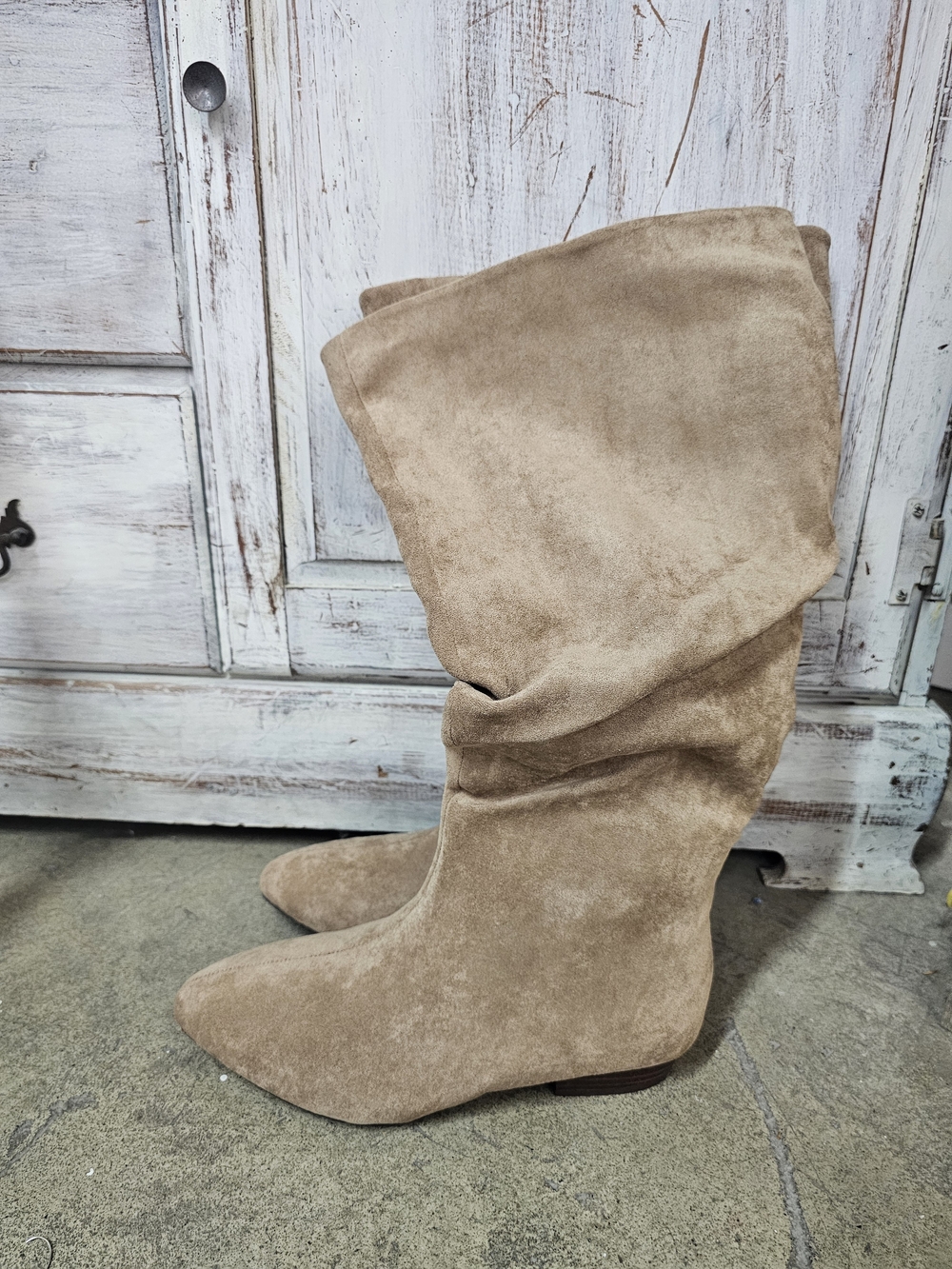 Suede Slouch Knee-High Boot in Taupe